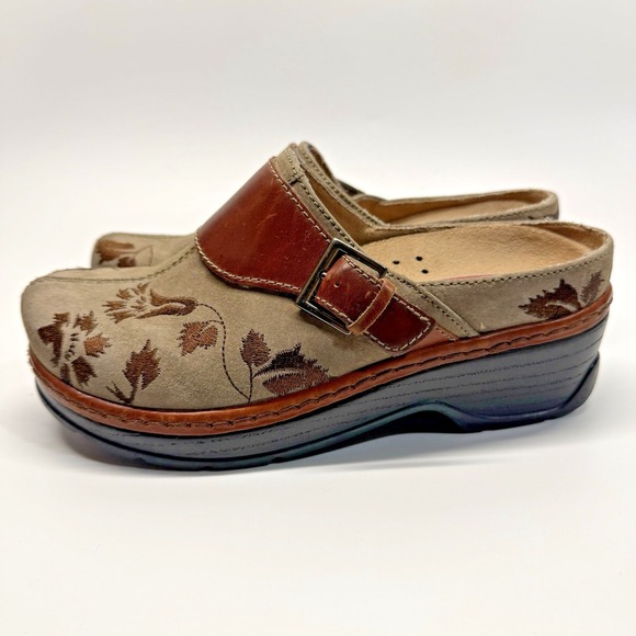 Klogs Shoes - Klogs Footwear Austin Leather Shoes Women 8 W Wide Taupe Suede Leaf Vine Boho